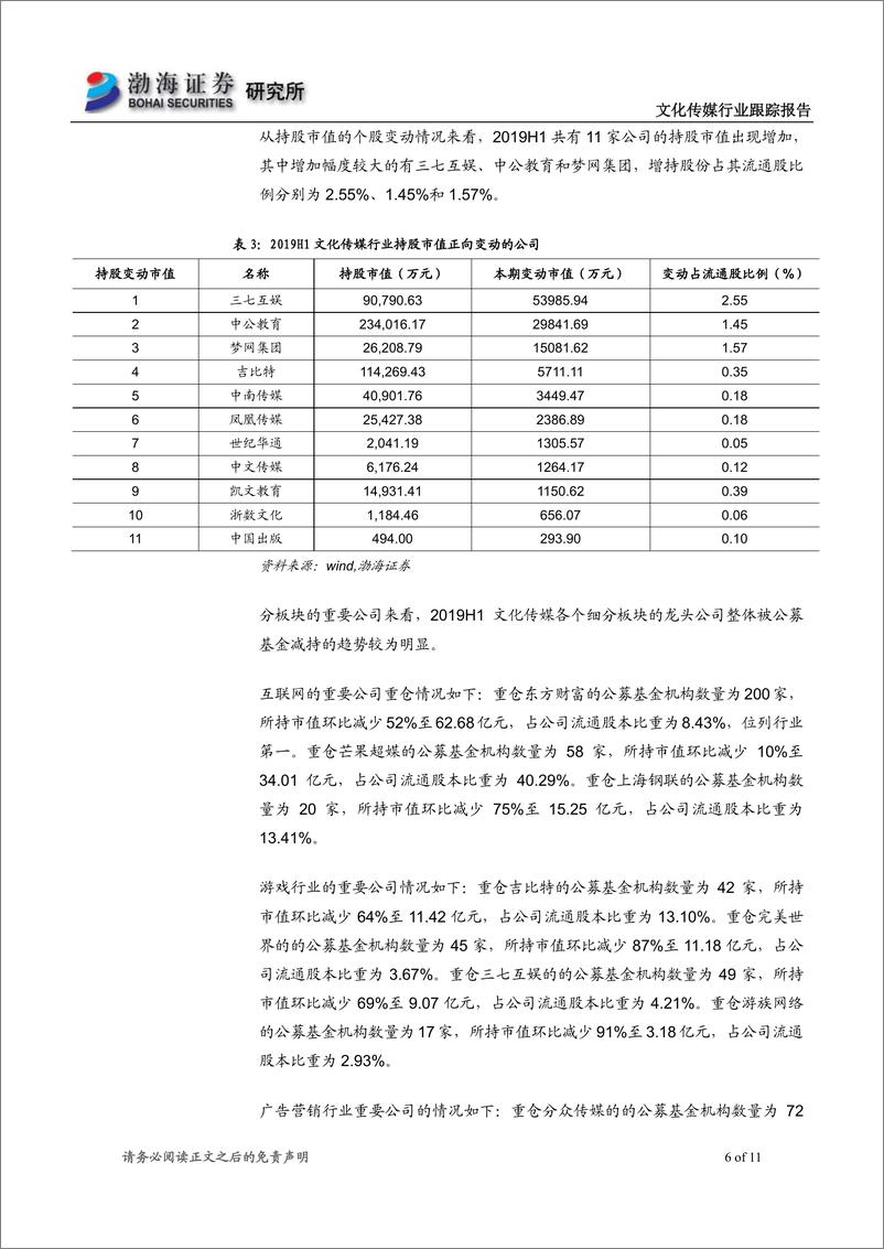 《文化传媒行业跟踪报告：基金持仓持续下滑，龙头集中度有所提升-20190724-渤海证券-11页》 - 第7页预览图