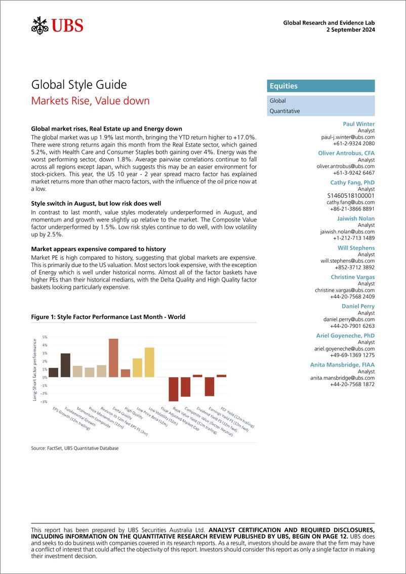 《UBS Equities-Global Style Guide _Markets Rise, Value down_ Winter-110134106》 - 第1页预览图