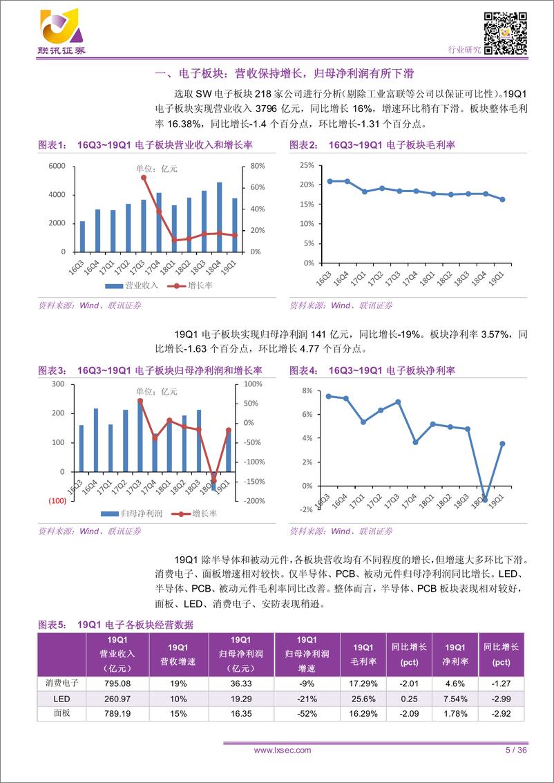 《电子行业一季报总结：营收增速放缓，利润略有下滑，关注细分领域投资机会-20190509-联讯证券-36页》 - 第6页预览图