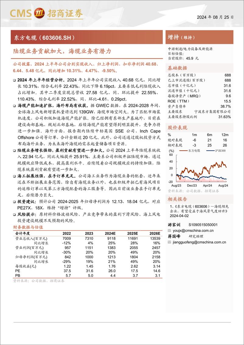 《东方电缆(603606)陆缆业务贡献加大，海缆业务有潜力-240825-招商证券-10页》 - 第1页预览图