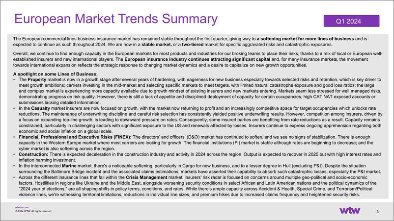 《WTW-欧洲保险市场更新2024年第一季度（英）-2024.5-21页》 - 第3页预览图
