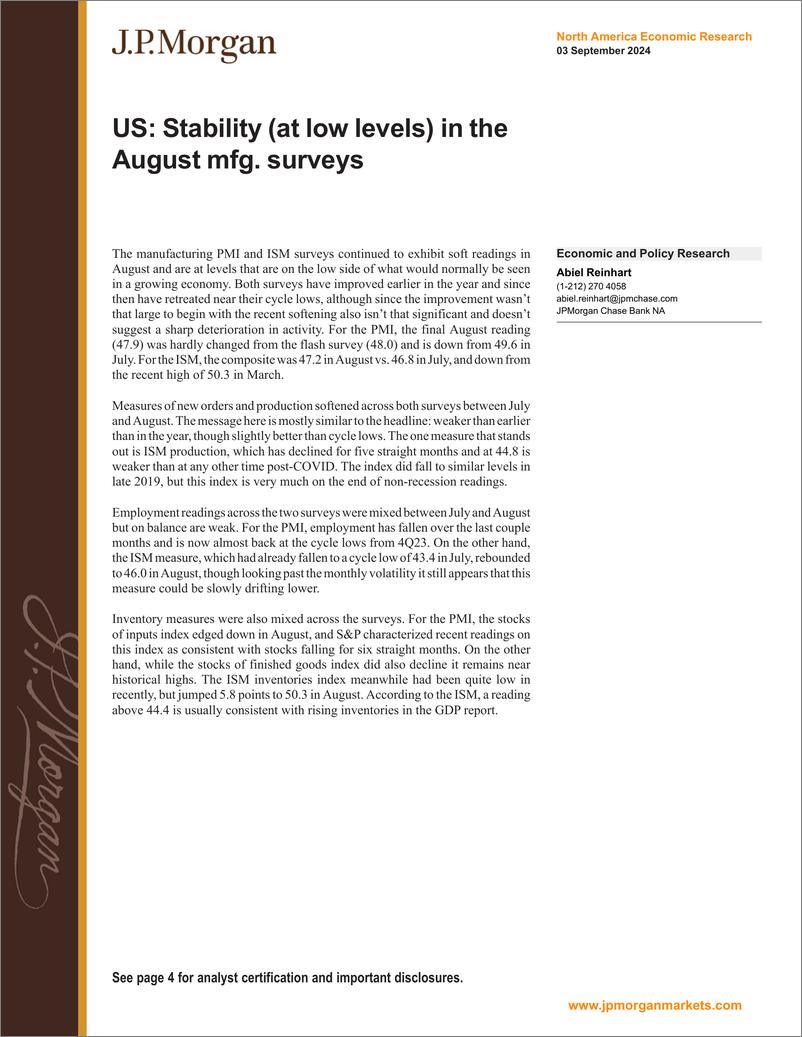 《JPMorgan Econ  FI-US Stability (at low levels) in the August mfg. surveys-110165494》 - 第1页预览图