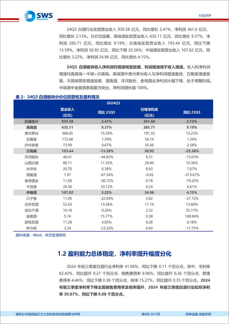 《白酒行业2024年三季报总结：Q3增速明显放缓，企业经营分化加剧-241103-申万宏源-15页》 - 第6页预览图