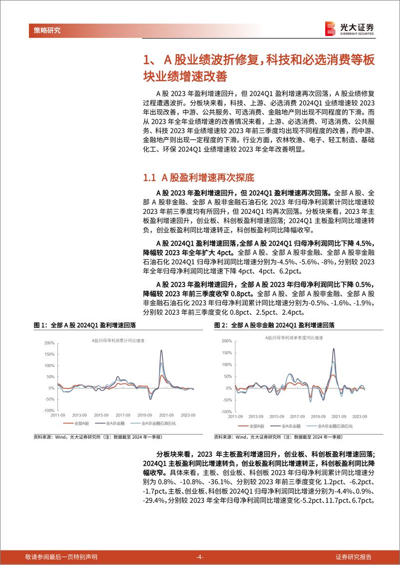 《A股2023年报和2024一季报分析：业绩波折修复，科技和必选消费景气度回升-240504-光大证券-14页》 - 第4页预览图