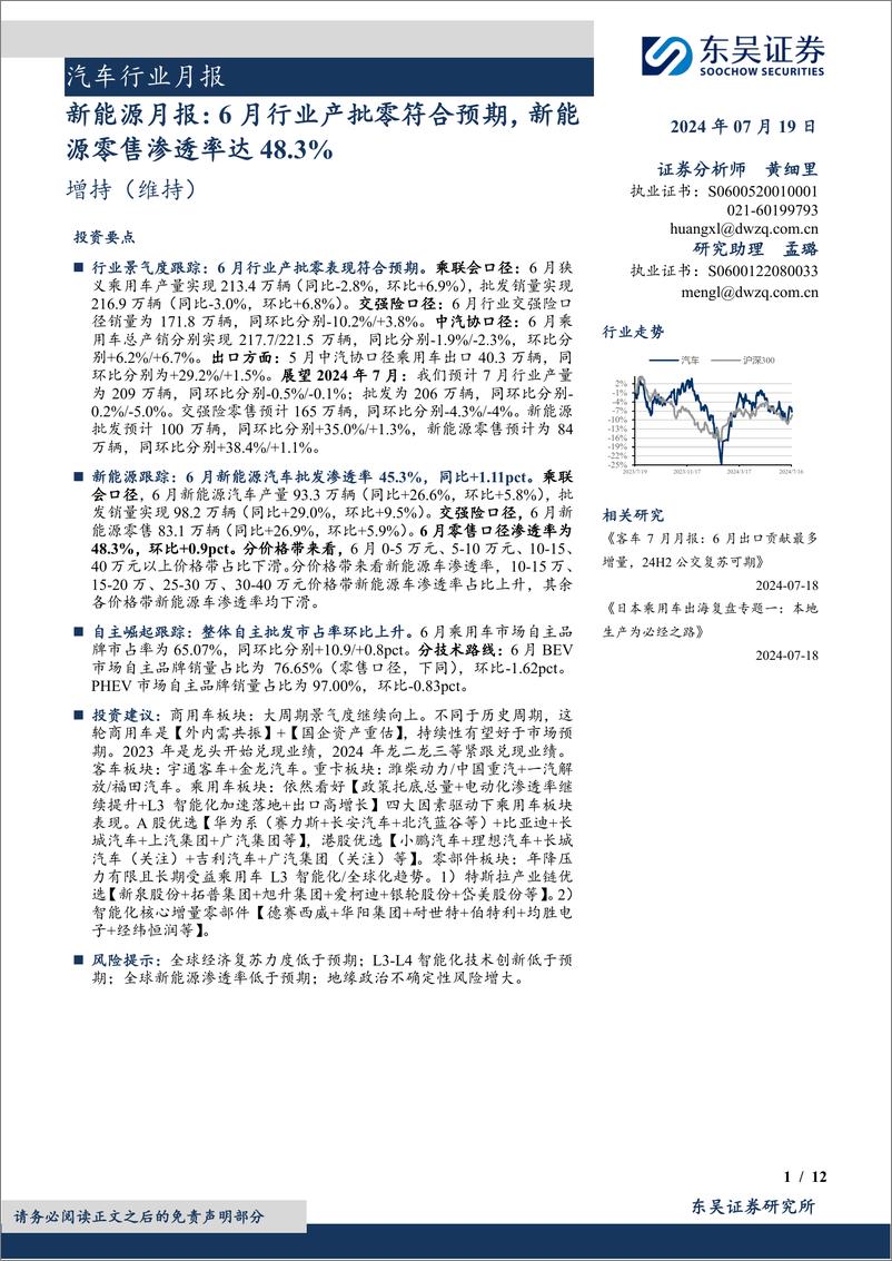 《汽车行业月报-新能源月报：6月行业产批零符合预期，新能源零售渗透率达48.3%25-240719-东吴证券-12页》 - 第1页预览图