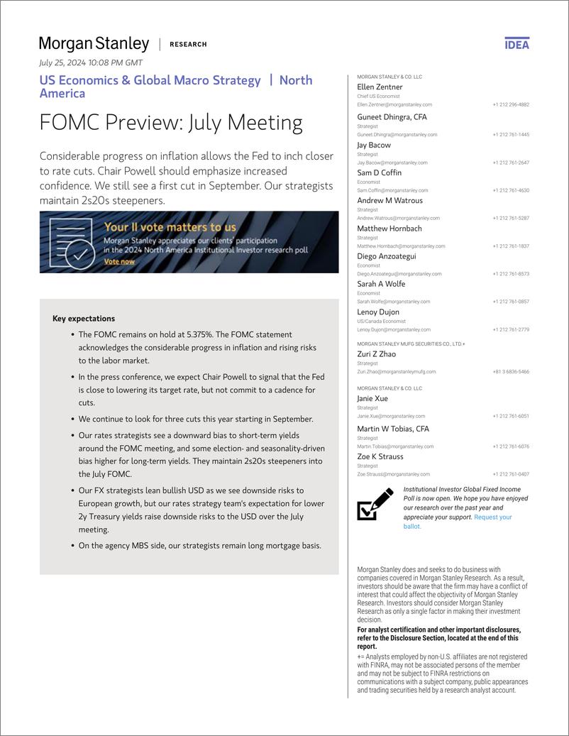 《Morgan Stanley Fixed-US Economics  Global Macro Strategy FOMC Preview July Mee...-109426616》 - 第1页预览图