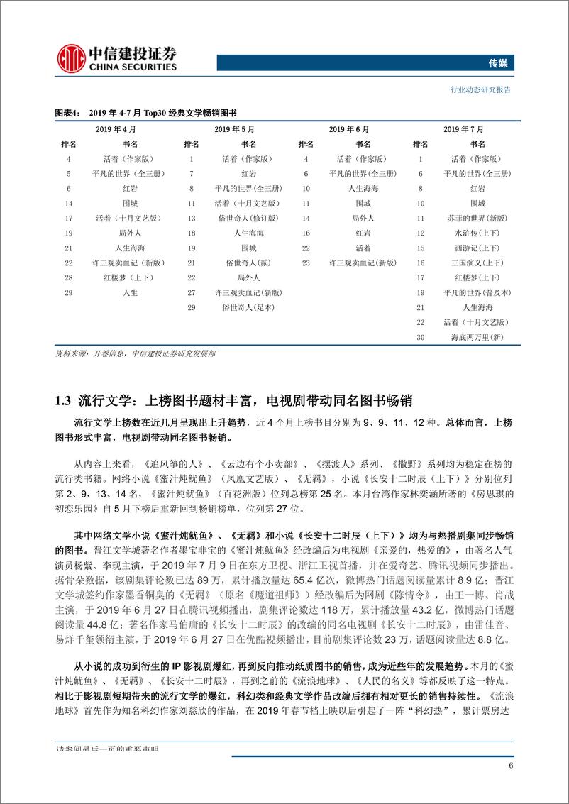 《传媒行业2019年7月图书市场月报：影视剧带动同名图书销量，暑假经典文学持续畅销-20190816-中信建投-27页》 - 第8页预览图