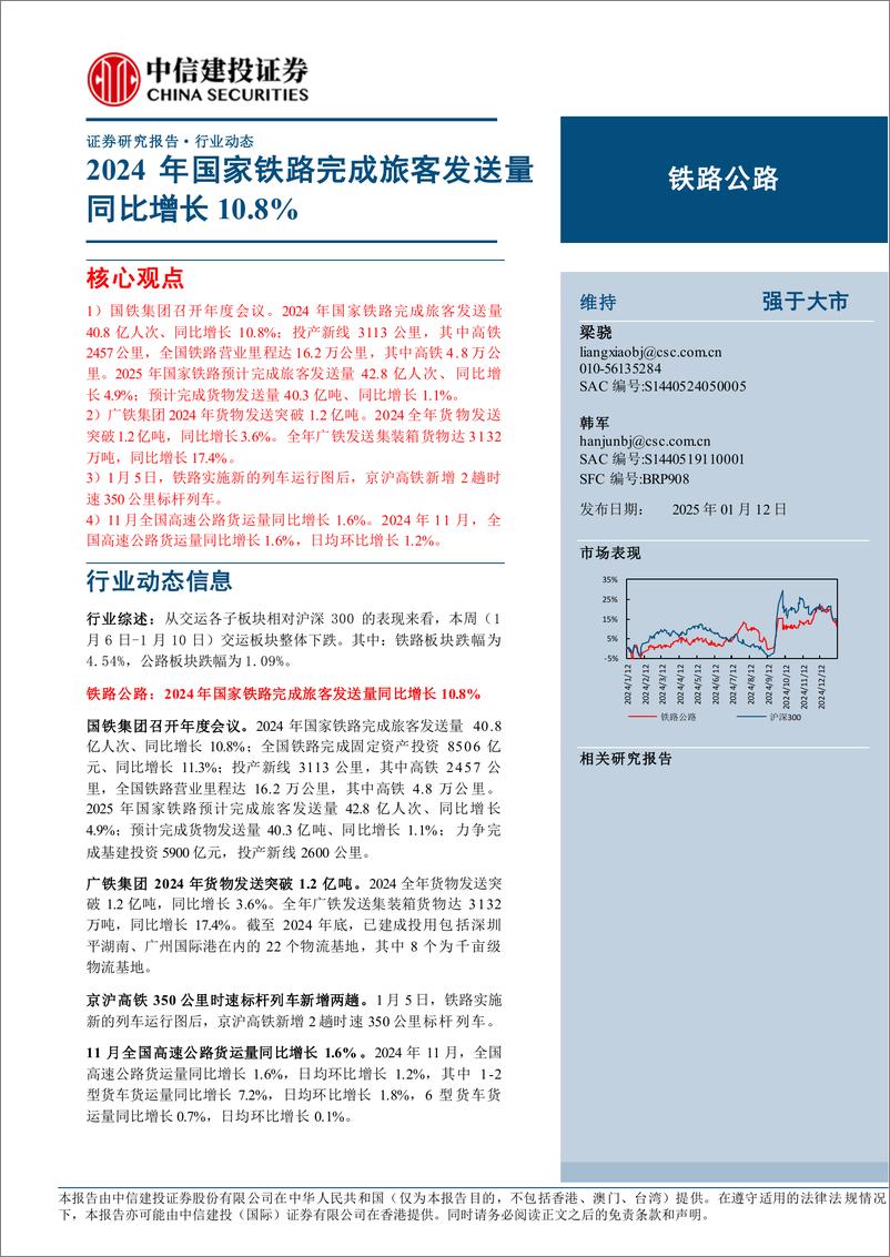 《铁路公路行业：2024年国家铁路完成旅客发送量同比增长10.8%25-250112-中信建投-12页》 - 第1页预览图