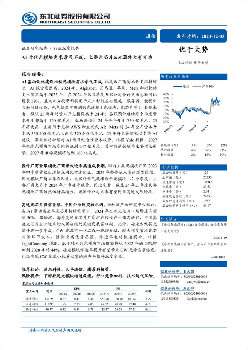 《通信行业深度报告：AI时代光模块需求景气不减，上游光芯片%26光器件大有可为-241203-东北证券-39页》 - 第1页预览图