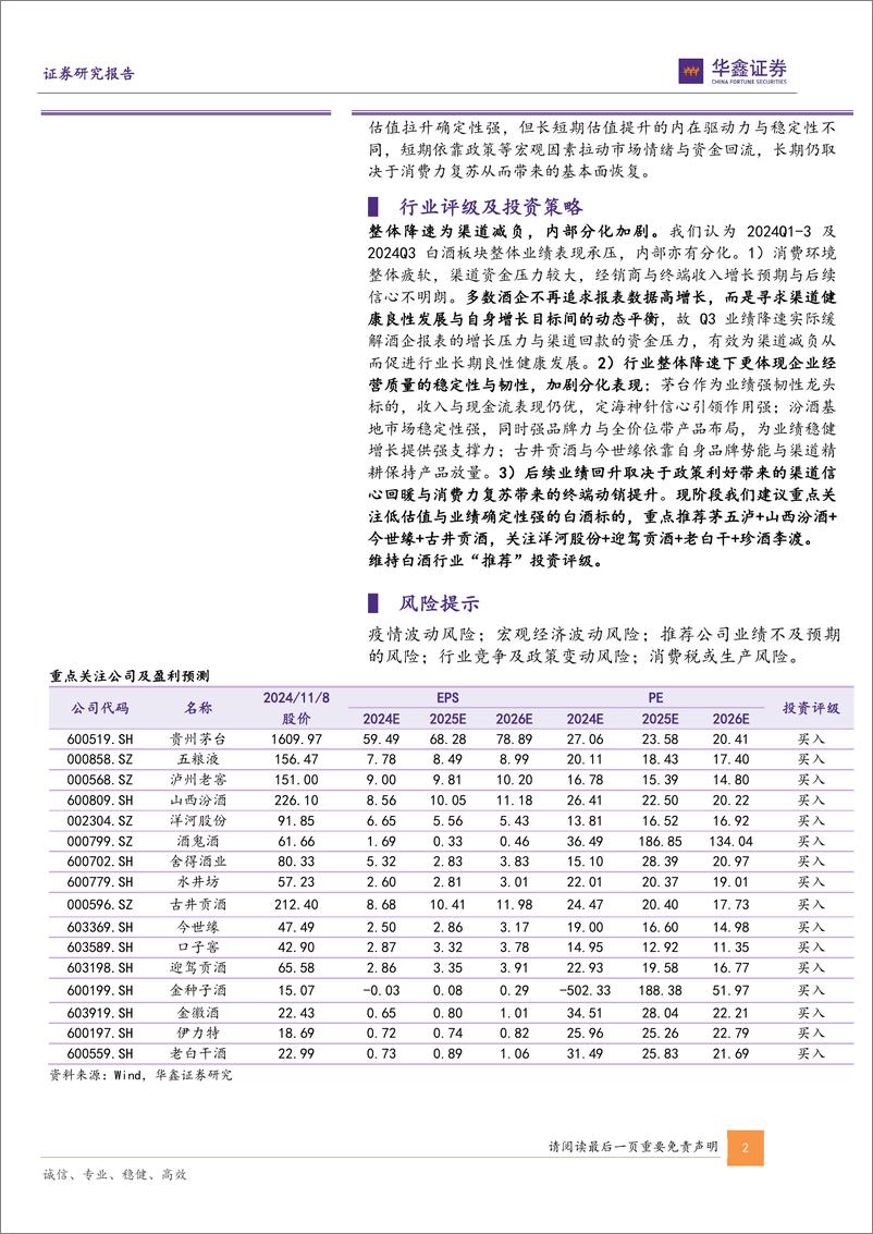 《白酒行业2024年三季报总结报告：业绩降速渠道减压，底部调整静待拐点-241109-华鑫证券-24页》 - 第2页预览图